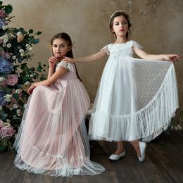 French Lace Flower Girl Dress 2019 A Line Ankle Length White 1st Communion Dress for Little Girl Infant Toddler Short Sleeves Pink Square