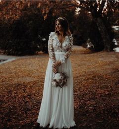 2020 Cheap Ivory Chiffon A Line Country Wedding Dresses with Applique Long Sleeves Deep V Neck side slit Robe de soriee Bridal Wedding Gowns