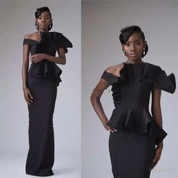 Elegant 2019 Formal Evening Dresses Zipper Back Long Sheath Little Black Off Shoulder African Prom Dress with Peplum Guest Gowns 4049