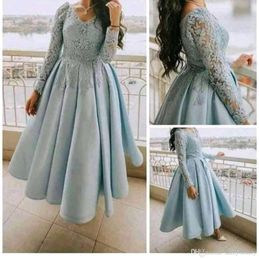 Ebi Arabic Aso Sky Blue Lace Deep V-Neck Long Sleeves Guests Dresses Ankle Length Evening Formal Party Gowns Robe