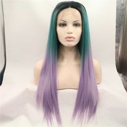 Green Ombre Purple Wigs Long Silky Straight Hair Synthetic Lace Front Wigs For Women Cosplay Part Wigs