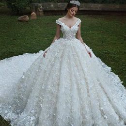 2019 New Sexy A Line Wedding Dresses Off Shoulder Full Lace Hand Made Flowers Cap Sleeves Chapel Train Plus Size Custom Bridal Gowns