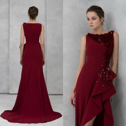 Tony Ward A Line Prom Dresses Dark Red Ruffles Side Split Long Evening Gowns 2020 Modest Beads Party Cocktail Dress