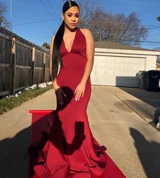 Sexy Long Simple Red Mermaid Prom Deep V Neck Backless Sweep Train Formal Special Ocn Dresses For Black Girls Robes De Soire