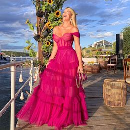 Fuchsia Off The Shoulder Prom Dresses Sleeveless Pleated Evening Gowns A Line Floor Length Tulle Formal Dress 415
