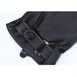 Fashion-Men's Genuine Lambskin Leather Button Wrist Winter Warm Fleece Lining Gloves Touch Screen Plus Velvet Leather Gloves & Mittens