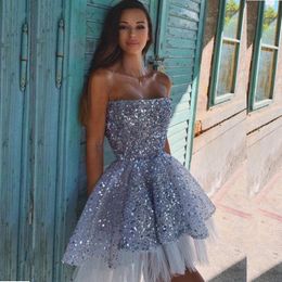 Sequined Short Party Dresses Strapless Mini Cheap Prom Dress Tiered Tulle Custom Made Cocktail Evening Gowns Club Wear vestidos formales