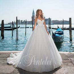 A-line Long Train Spaghetti Strap Beaded Bodice V-Neck Bridall Dress Women Gowns wedding Appliques Sexy Beach Wedding dress 2020 New