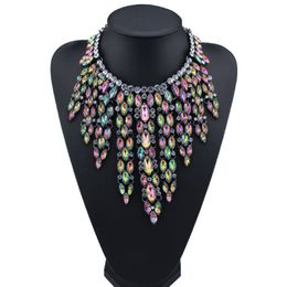 Wholesale- designer luxury very glittering beautiful exaggerated full rhinestone crystal tassel collar choker statement necklace for woman