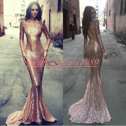 Sexy Sequined Evening Dresses Mermaid Long Sleeve High Neck Arabic Plus Size Party Pageant Formal Said Mhamad Prom Gowns robe de soirée