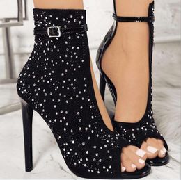 Fashion Black Rhinestone Sandals Peep toe Thin high heel Ankle Strap Lady Evening Party Pumps Lady Gladiators