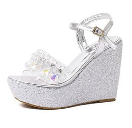 Glitter crystal shoes bridal wedding shoes platform wedge sandals silver gold pink white size 34 to 40