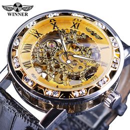 Winner Black Golden Retro Luminous Hands Fashion Diamond Display Mens Mechanical Skeleton Wrist Watches Top Brand Luxury Clock+Watch Box
