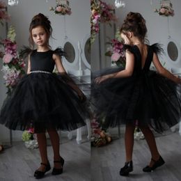 Amazing Black Feather Backless Flower Girl Dresses For Wedding Beaded Pageant Gowns Knee Length Kids Tulle First Holy Communion Dr248v