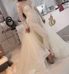 Vestidos modestos 2020 macacão lantejoulas mangas compridas overskirts organza renda applique colher pescoço feito sob encomenda vestido de casamento