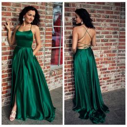 Sexy Halter Backless Side Slit A Line Long Green Prom Dresses with Pockets Satin Dress Party Graduation Dresses264Q
