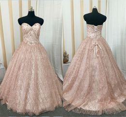 Rose Pink Glitter Tulle Quinceanera Prom Dresses Strapless Crystal Beads Corset Back Bling Ball Gowns Sweet 16 Dress Vestidos De Novia