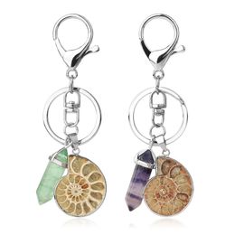 Motorcycle Car Keychains Natural Gem Stone Ammonite Shell Fluorite Reiki Pendant Keyring Door Bag Key Holder Trinket