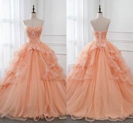 2020 Light Coral Prom Ball Gown Quinceanera Dresses Ruffle Pleated Applique Beaded Lace Strapless Lace-up robes de soirée Sweet 16 Dress