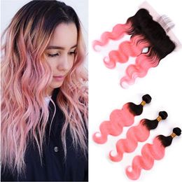 -Ombre Rose Gold Body Wave Malaysian Hair 3Bundles Schwarze Wurzeln mit Frontal # 1B / Pink Ombre Menschenhaar spinnt mit Spitze Frontal Closure 13x4