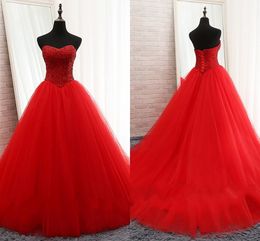 2019 Hot Red Strapless Sweet 16 Dresses Crystal Beaded Pearls Open Back Lace-up Ball Gown Prom Dresses Graduation Dress 8th Grade Party