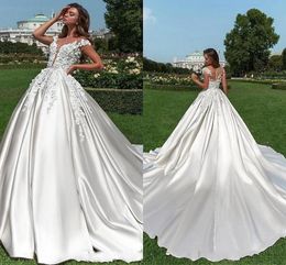 A Elegant Satin Line Dresses Sheer Neck Cap Sleeves 3D Floral Lace Applique Sweep Train Wedding Dress Bridal Gowns with Button Back pplique