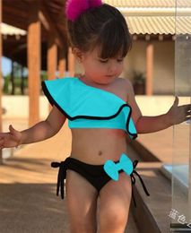 Kids Girls 2Piece Swimwear Flounce Bikini Set 90-130Size Two Piece Swimsuit Crop Top + Bow Shorts Swim Bathing Beach Clothing Set 2020 LY706