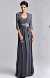 Stunning Backless Grey Chiffon Mother's Dresses Beaded Applique Lace Evening Dresses With Lace Jacket Cheap Mother's Dresses HY416