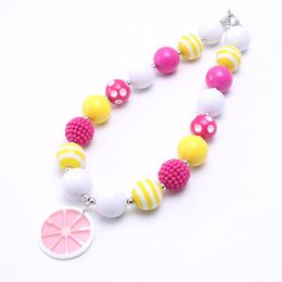 Pink Lemon Pendant Kid Chunky Necklace Hot Pink+Yellow Colour Bubblegum Bead Chunky Necklace Children Jewellery For Toddler Girls