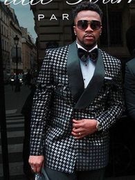 Houndstooth Groom Tuxedos Double-Breasted Men Wedding Tuxedos Shawl Lapel Jacket Blazer Fashion Men Dinner/Darty Suit(Jacket+Pants+Tie) 1205