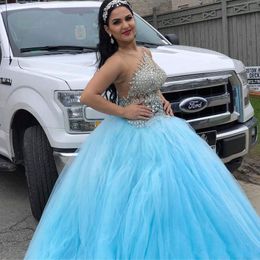 2020 Cheap Sky Blue Ball Gown Princess Quinceanera Dresses Jewel Neck Crystal Beaded Tulle Puffy Sleeveless Plus Size Party Prom Dresses