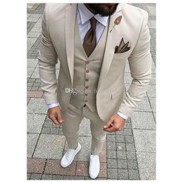 High Quality One Button Beige Wedding Men Suits Notch Lapel Three Pieces Business Groom Tuxedos (Jacket+Pants+Vest+Tie) W1078