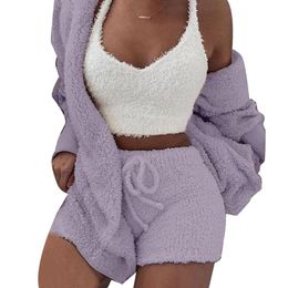 Women Cardigan Blouse Pyjamas Three-piece Set Home Long Sleeve Winter Plush Sexy Polyester Soft Vest Casual Sleeping Bedroom