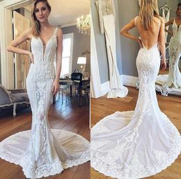 Sexy Pallas Couture Mermaid Wedding Dresses V Neck Sweep Train Lace Appliqued Backless Beach Wedding Dress Bridal Gowns Robes De Mariée