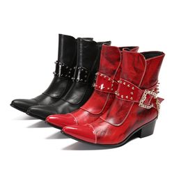 Winter Rivets Fashion Men Boots Red Black Cowboy Real Leather Ankle Boots Large Size Zipper Motorcycle Short Boots Botas Hombre