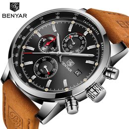 Benyar Männer Uhr Top Marke Luxus Männlichen Leder Quarz Chronograph Militärische Wasserdichte Armbanduhr Männer Sport Uhr Uhren Hombre Y19051403