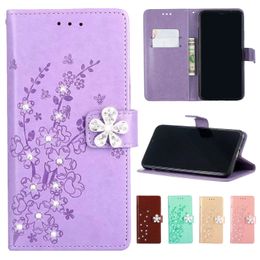 Flip Stand Rhinestone Leather Wallet Phone Case for iPhone 11 Pro X XR XS Max Samsung Galaxy S20 Plum Blossom Embossing Protective Cover