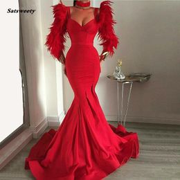 Feathers Mermaid Red Evening Dreses Slim Party Gowns Long Sleeves Prom Dresses Vestido De Festa Longo New Arrival O