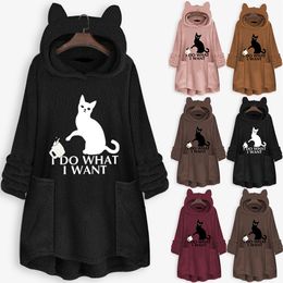 Cat Print Long Sleeve Hoodies Sweatshirt Women Fleece Warm Embroidery Pocket Pullovers Cat Ear Plus Size Hoodie Top Blouse