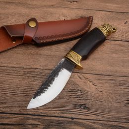 Coltello da caccia a lama fissa fatto a mano di alta qualità 7Cr17 Lama a goccia satinata in legno + manico in ottone con fodero in pelle