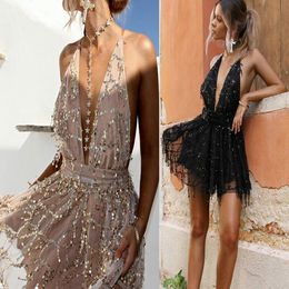 real 2019 cheapest Sexy deep V Neck Evening Dresses galring Black champagne criss cross backless Prom Dresses Backless sequined party gowns