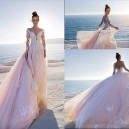 blush pink tulle wedding dress Canada - Light Blush Pink Sheer Long Sleeves Lace Beach Wedding Dresses 2020 Mesh Top Applique Boho Chapel Train Tulle Bridal Gowns