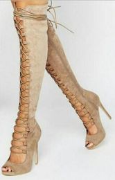 2019 Hot Khaki Flock Oberschenkelhohe Stiefel Stiletto Peep Toe Overknee-Stiefel Sexy Ausschnitte Damenschuhe