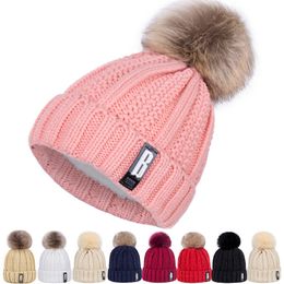 Fashion Cotton Knitted Pom Poms Hat For Girls Women Letter Winter Hat Casaual Skullies Beanies Female plush lining Caps Outdoor Sport Hats