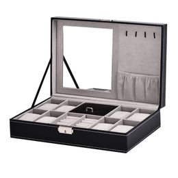 2 In 1 8 Watch Box Grid + 3 Hybrid Mesh Case Storage Box Luxury Jewelry Ring Display Watch Black