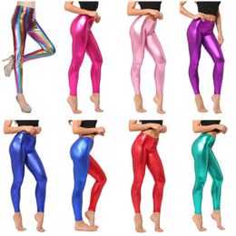 Candy Multi-color Faux Leather Leggings Women Shiny Metallic Pants Nightclub Dancing Trousers Comfortable Elastic Waist Leggings