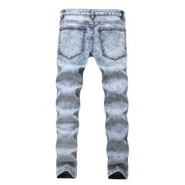 Fashion-Pencil Jeans Men Denim High Elastic Waist Worn Out Slim Fit Snow Pale Blue Pocket Zipperd Long Pants