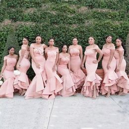 2019 Plus Size Mermaid Bridesmaids Dresses Dusty Pink Off the Shoulder Zipper Back Asymmetrical Tiered Skirt Maid of Honor Gowns for Wedding