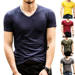 Men's Short Sleeve T Shirt Summer V Neck Tee Tops Fashion Slim Fitness Sportswear Running T Shirt Camisetas Hombre