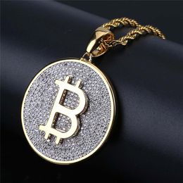 Iced Out Round Bitcoin Pendant Necklace Micro Pave Cubic Zircon Stone Mens Hip Hop Jewellery Gift